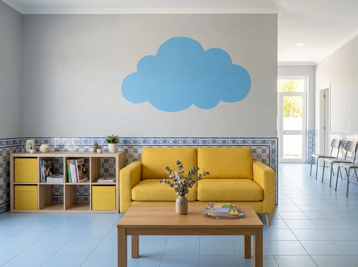 Sala de espera com sofá amarelo, estante e o mural da torre de vigia