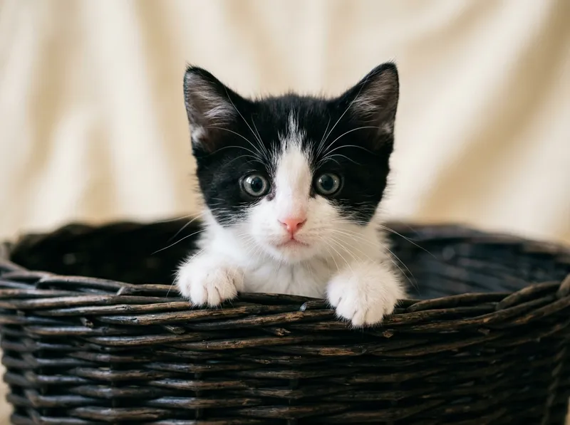 Um gatinho preto e branco a espreitar