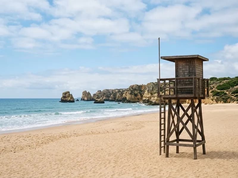 Praia de Santa Cruz com uma torre de vigia
