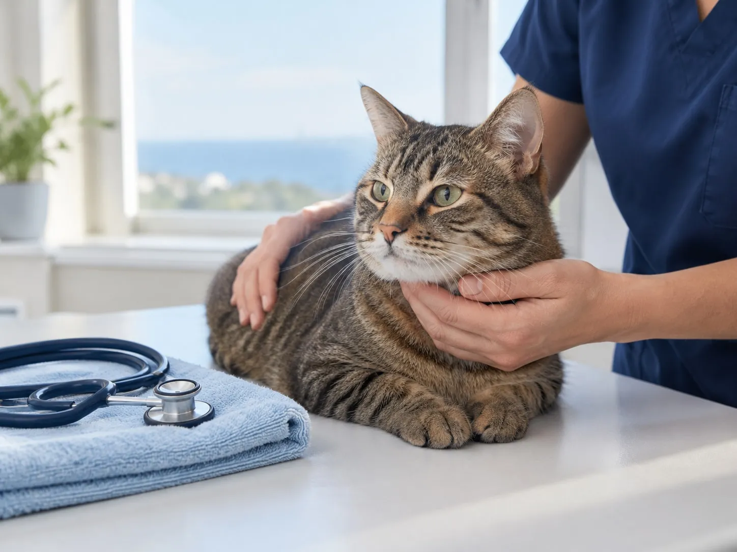 Mãos de veterinária a observar um gato tigrado calmo numa mesa junto a uma janela clara